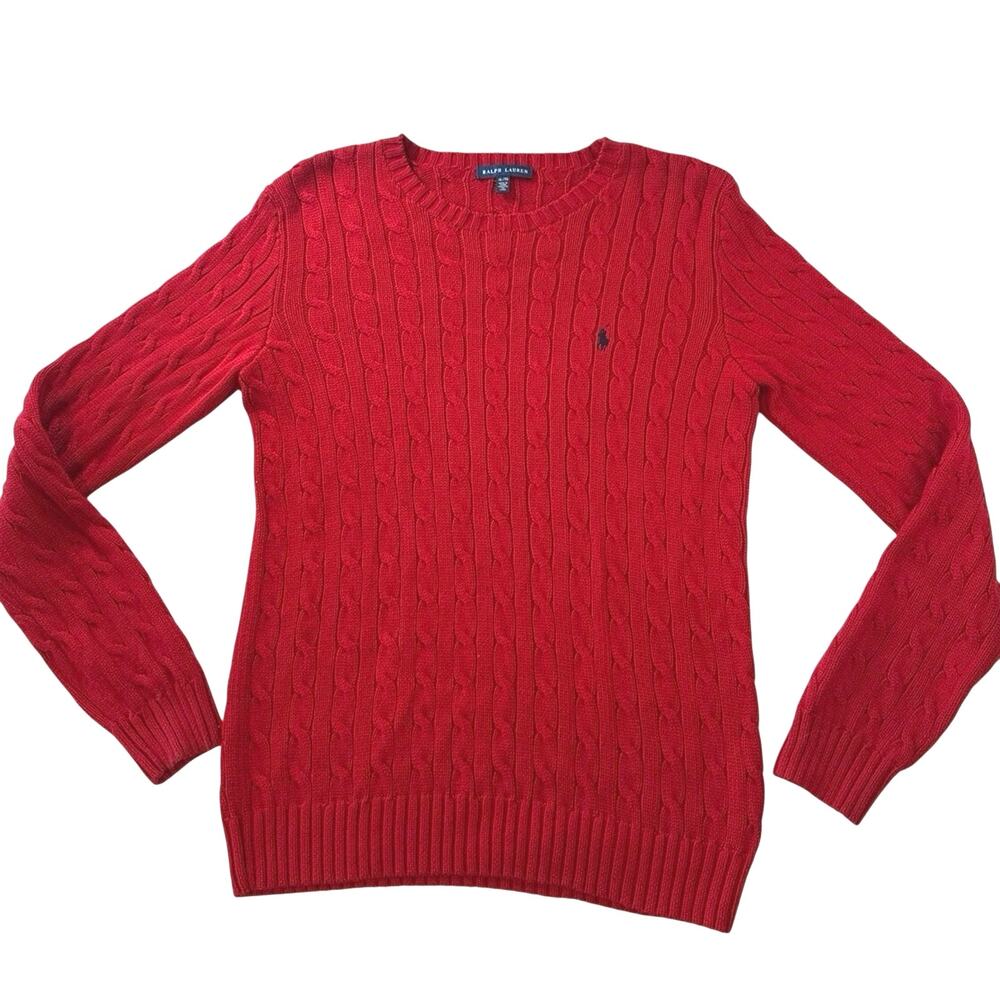 Vintage Ralph Lauren Red Cable Knit Sweater Mens XL Cotton Crew-neck 80s 90s